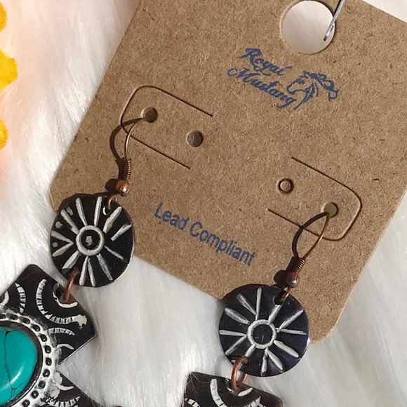 Long Boho Earrings Etched Cross Turquoise Dangles - Picture 2 of 4